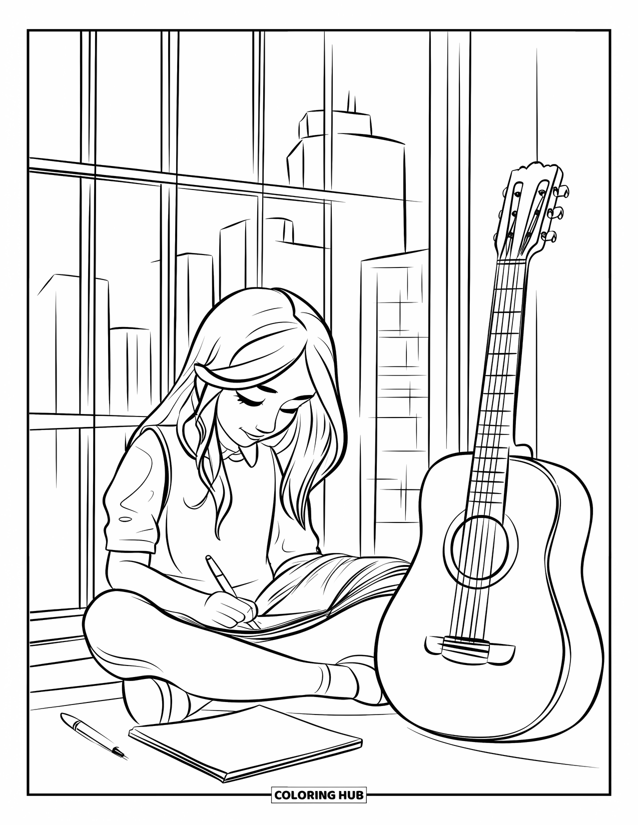 Gitaar Kleurplaat voor Kinderen: Een meisje schrijft liedjes bij het raam met een gitaar die ernaast rust