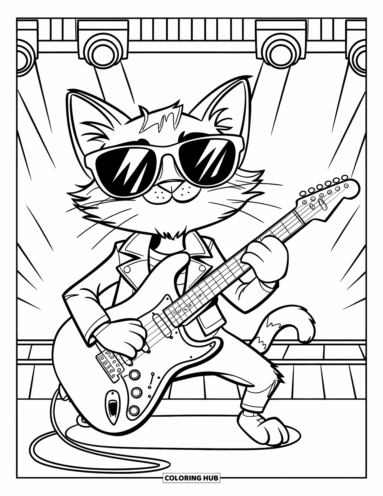 Gitaar Kleurplaat voor Kinderen: Een groovy kat tokkelt op een gitaar op het podium met een zonnebril en een leren jas