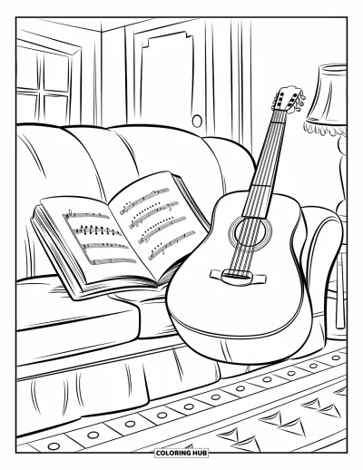 Coloriage Guitare pour enfants : Une guitare et un recueil de chansons sont posés sur un canapé avec un tapis à motifs et une lampe