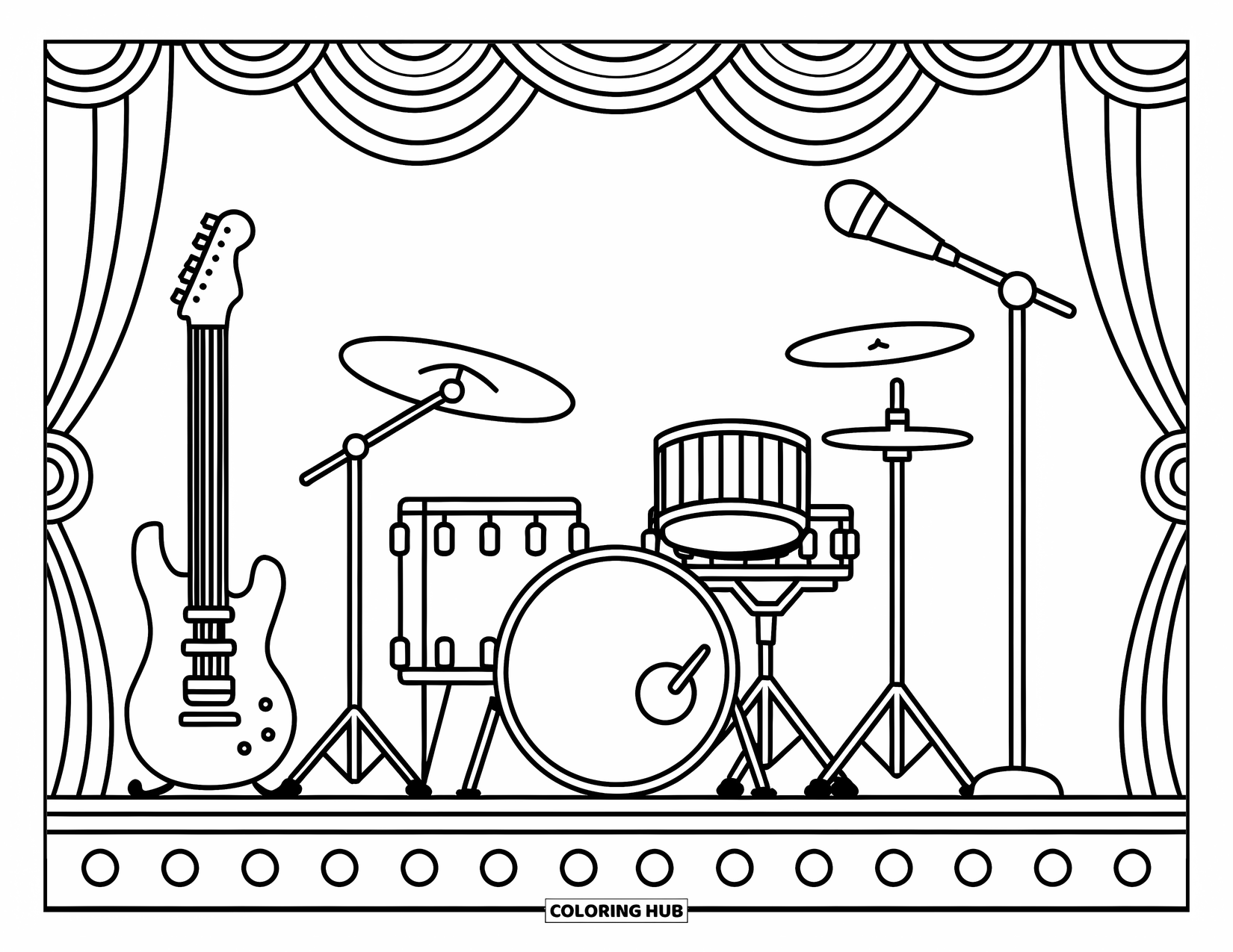 Gitaar Kleurplaat voor Kinderen: Een gitaar, drums en microfoon staan op het podium klaar voor een band om op te treden