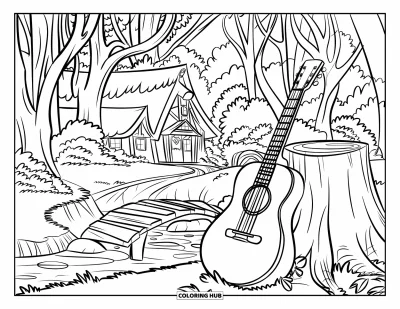 Coloriage Guitare pour enfants : Une guitare s’appuie près d’un arbre tandis qu’un ruisseau traverse une forêt avec un chalet