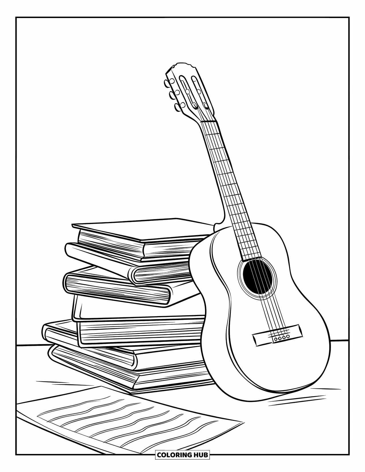 Gitaar Kleurplaat voor Kinderen: Een gitaar leunt op een stapel boeken met bladmuziek ernaast