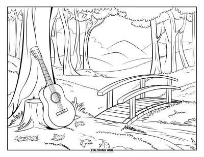 Coloriage Guitare pour enfants : Une guitare s’appuie sur une souche d’arbre dans une forêt paisible avec un pont en bois
