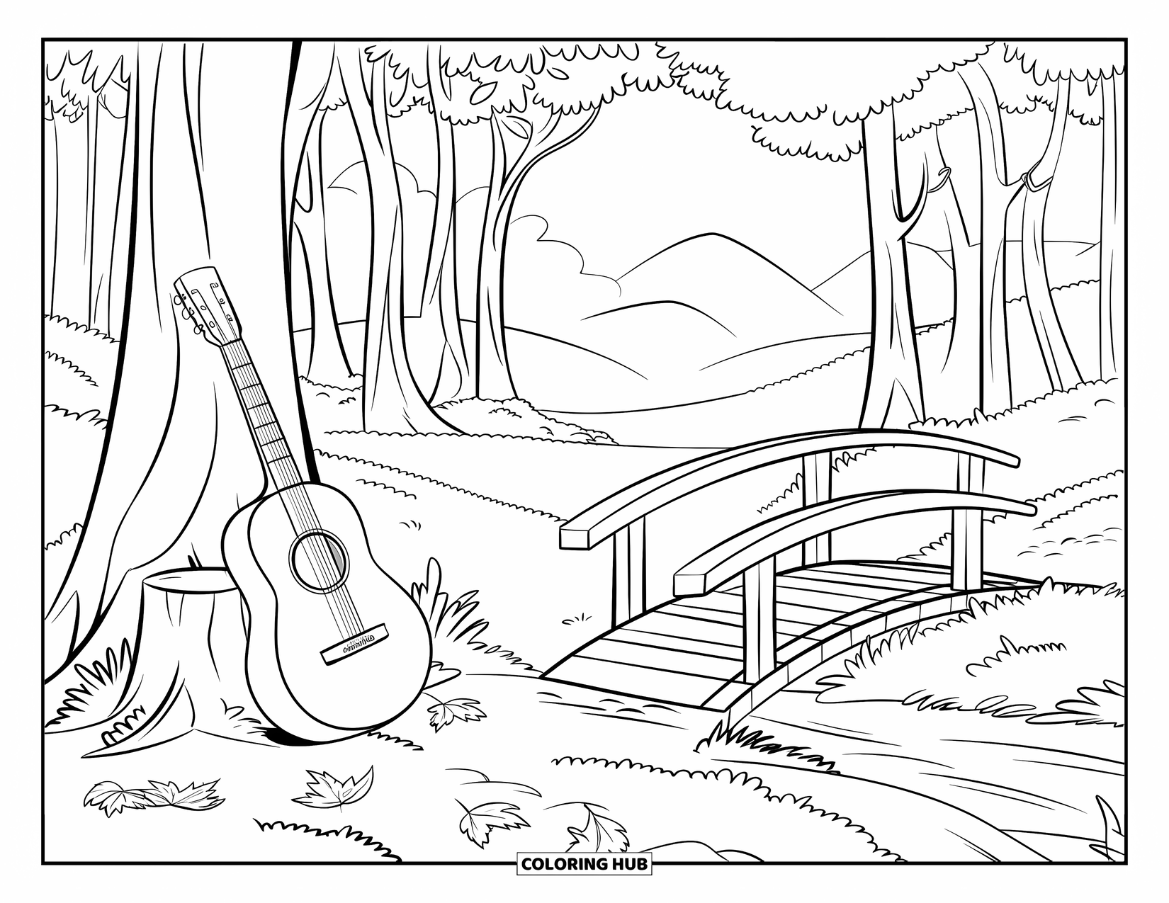 Gitaar Kleurplaat voor Kinderen: Een gitaar leunt tegen een boomstronk in een vredig bos met een houten brug