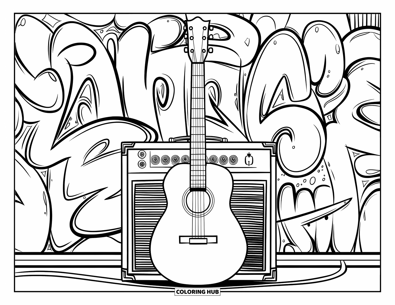 Gitaar Kleurplaat voor Kinderen: Een gitaar leunt tegen een versterker naast een muur vol graffiti tags en ontwerpen