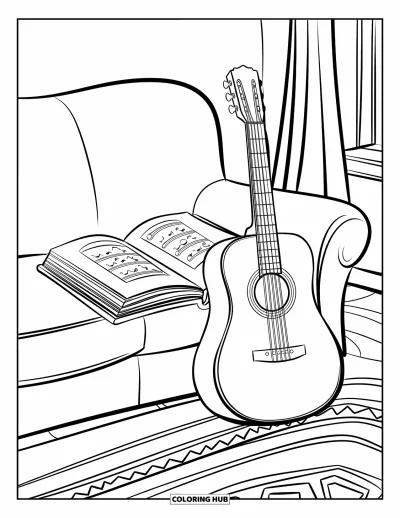 Coloriage Guitare pour enfants : Une guitare repose sur un canapé à côté d’un recueil de chansons ouvert dans une pièce confortable