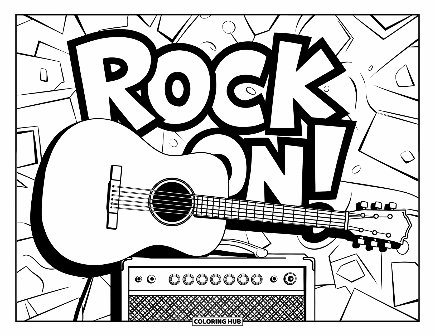 Gitaar Kleurplaat voor Kinderen: Een gitaar rust op een versterker voor een muur met “Rock on!” graffiti