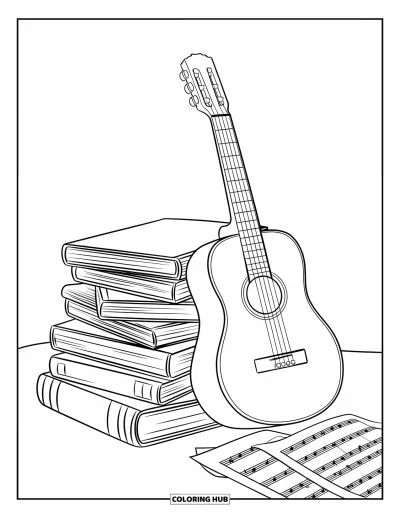Coloriage Guitare pour enfants : Une guitare avec quelques cordes manquantes s’appuie contre des livres et des notes empilés