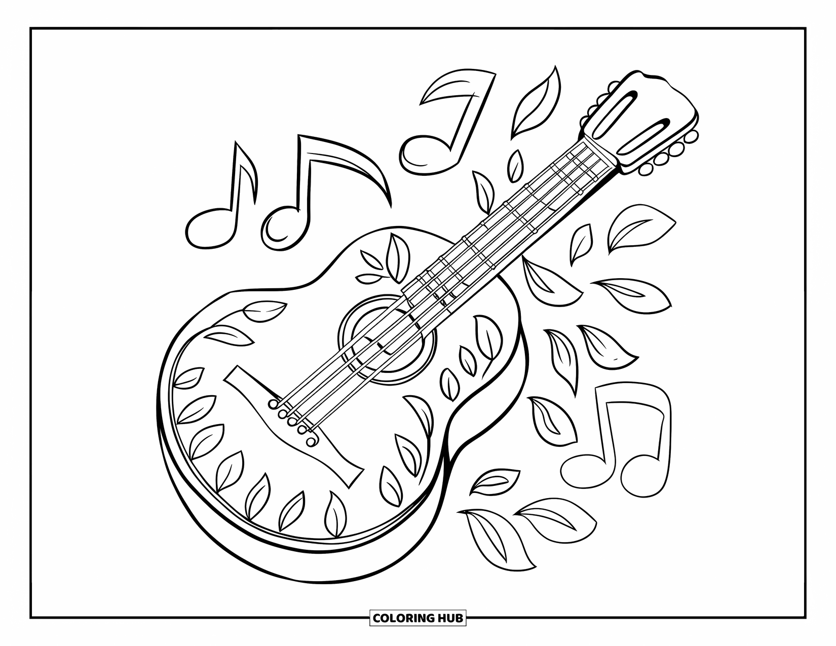 Gitaar Kleurplaat voor Kinderen: Een gitaar met eenvoudige bladdecoraties valt op tegen een strakke achtergrond