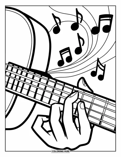 Coloriage Guitare pour enfants : Une main gratte les cordes de la guitare tandis que des notes de musique tourbillonnent dans l’air