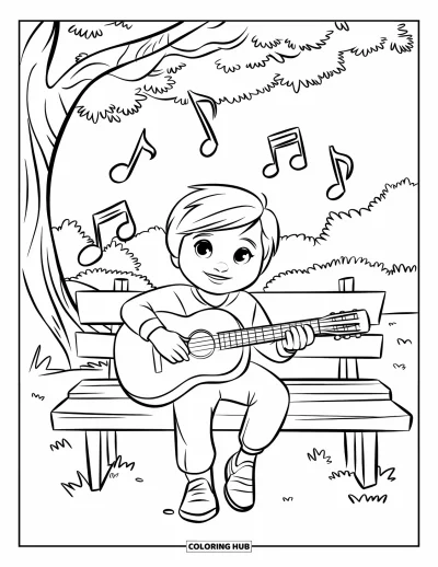 Coloriage Guitare pour enfants : Un enfant heureux gratte une guitare sous un arbre ombragé dans un parc paisible