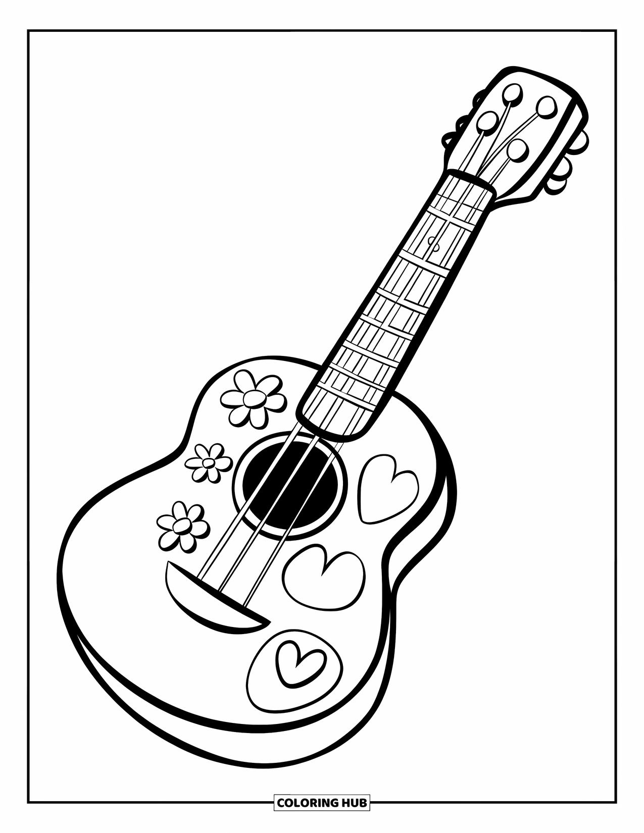 Gitaar Kleurplaat voor Kinderen: Een vrolijke gitaar met bloemendoodles en een hartje voegt charme toe aan de pagina