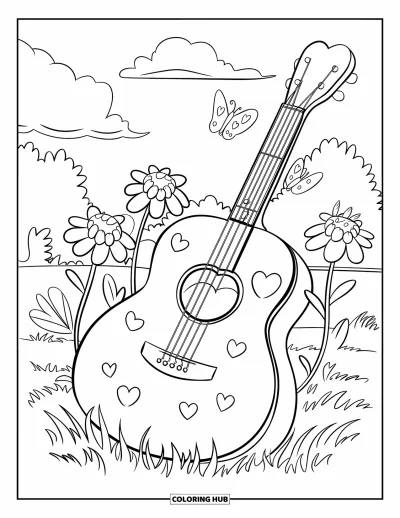 Coloriage Guitare pour enfants : Une guitare remplie de cœurs repose dans un champ fleuri avec des papillons tout autour