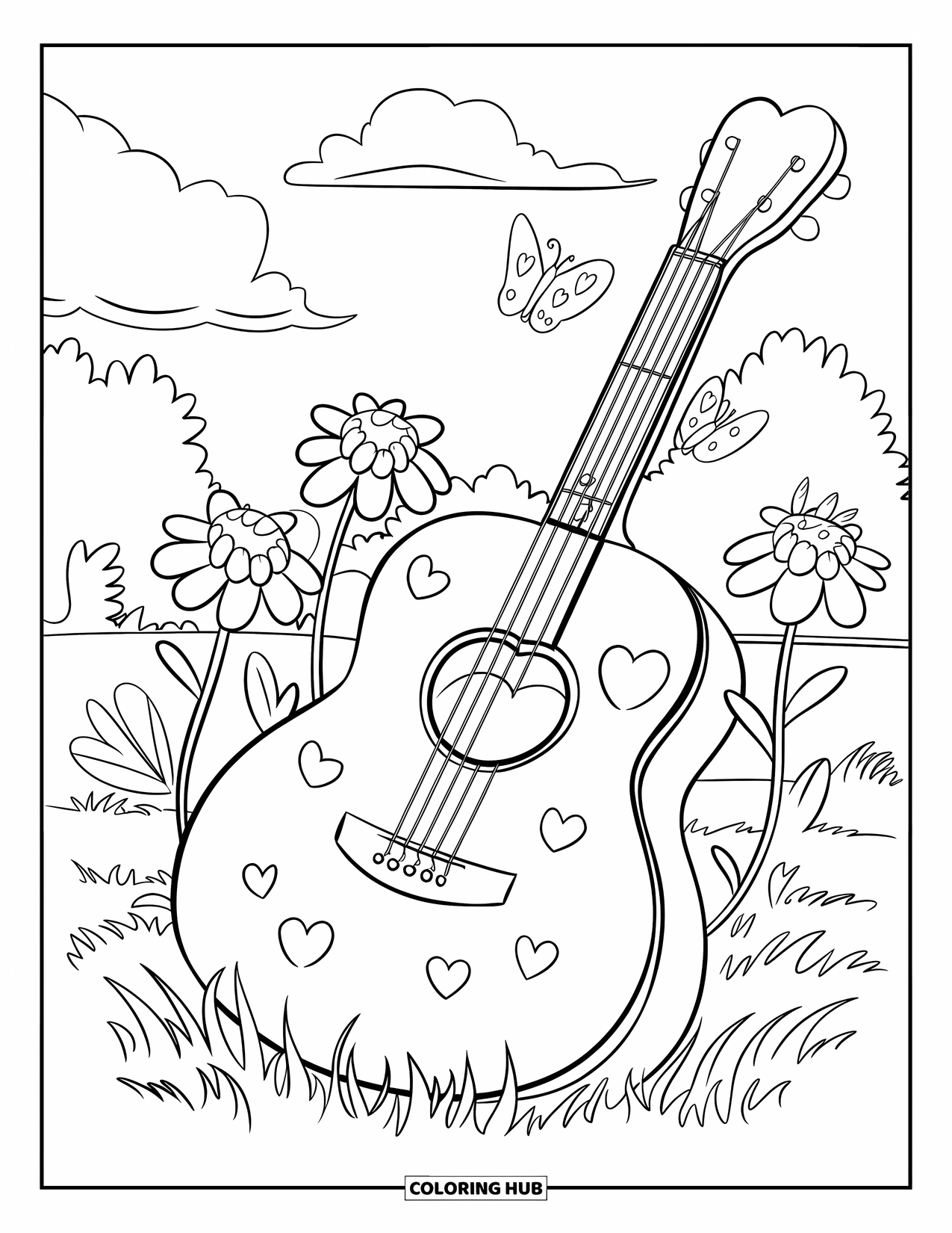 Gitaar Kleurplaat voor Kinderen: Een gitaar vol hartjes rust in een bloemrijk veld met vlinders eromheen
