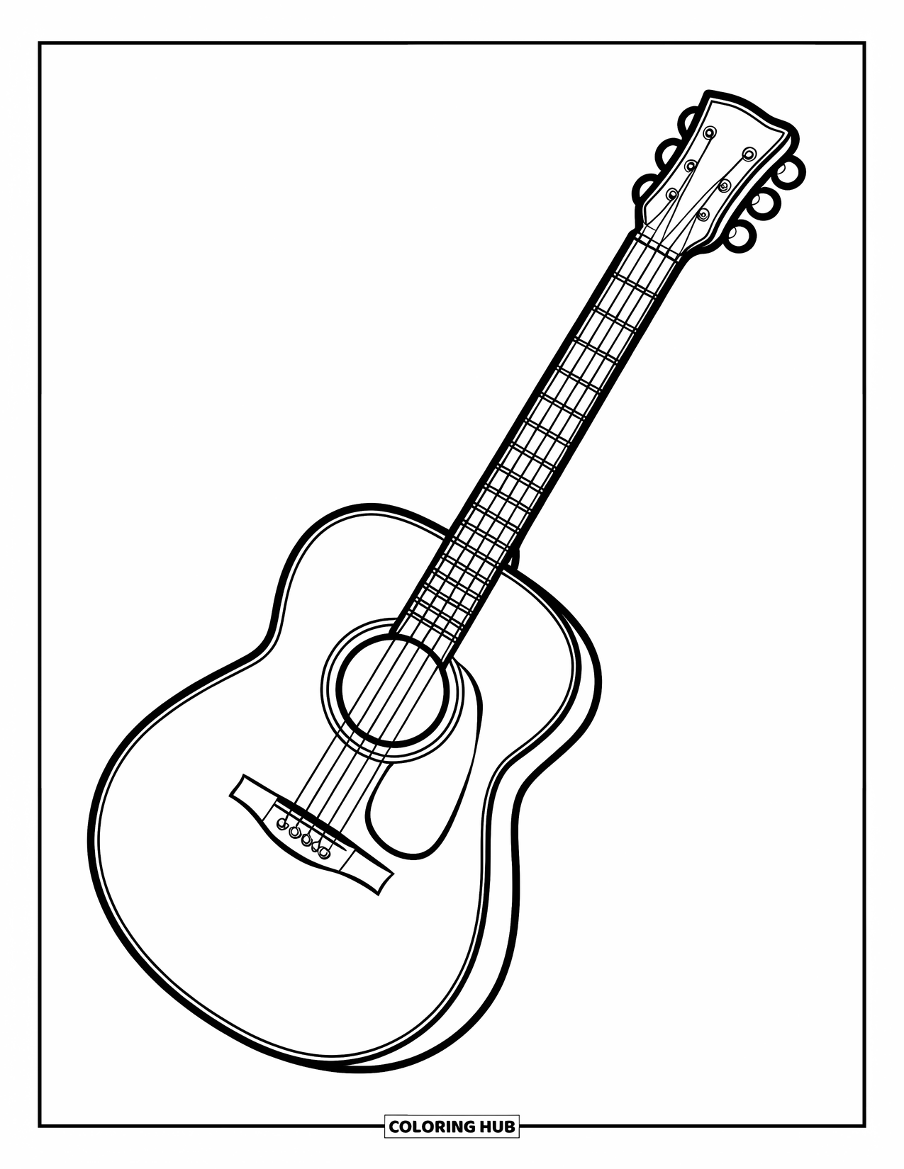 Gitaar Kleurplaat voor Kinderen: Een speelse akoestische gitaar met grote rondingen en dikke pinnen valt op