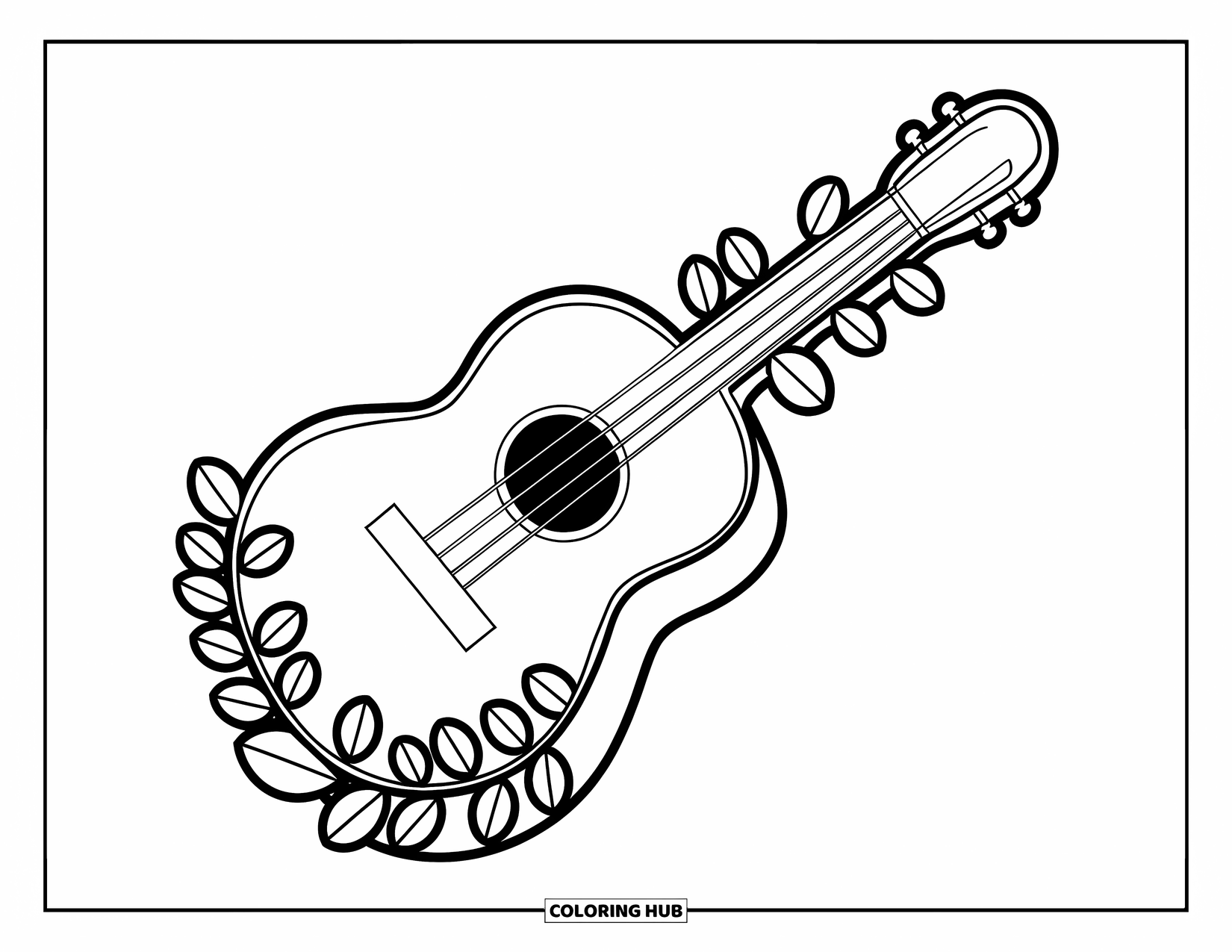Gitaar Kleurplaat voor Kinderen: Een afgeronde gitaar is versierd met krullende bladeren langs de hals