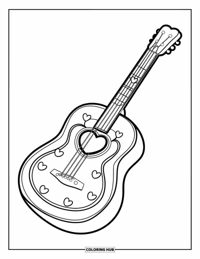 Coloriage Guitare pour enfants : Une guitare arrondie avec un trou en forme de cœur et des cœurs autour est chaleureuse et douce