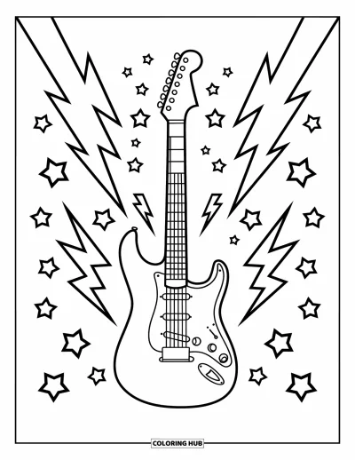 Coloriage Guitare pour enfants : Une guitare électrique simple est entourée d’étoiles et d’éclairs audacieux