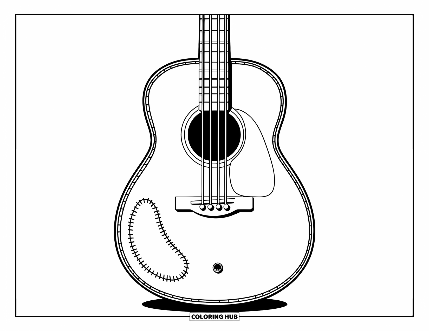 Gitaar Kleurplaat voor Kinderen: Een eenvoudige gitaar met een patch en knoop valt op met grote, dikke lijnen