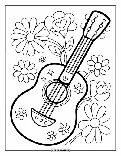 Coloriage Guitare pour enfants : Une guitare souriante avec des fleurs et un cœur invite à un coloriage ludique