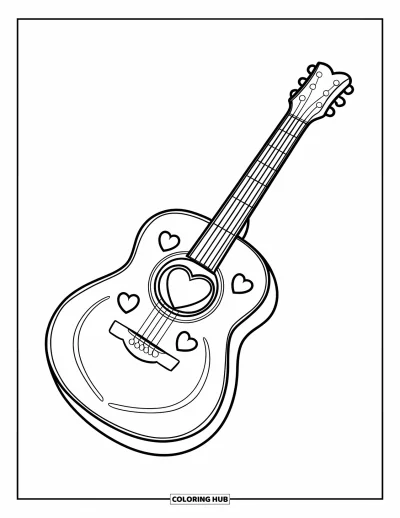 Coloriage Guitare pour enfants : Une guitare acoustique douce a une rosace en forme de cœur et de minuscules cœurs à proximité