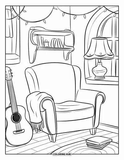 Coloriage de guitare pour enfants : Une pièce tamisée avec des guirlandes lumineuses et des livres accueille une guitare et un fauteuil douillet