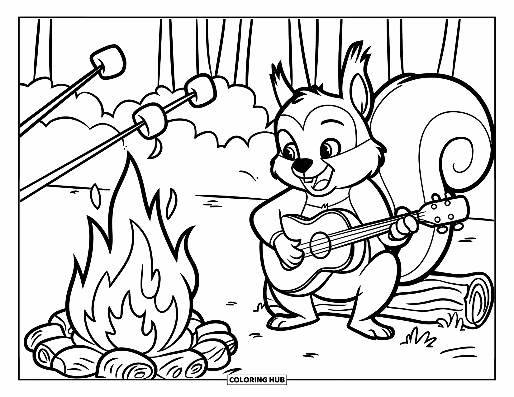 Gitaar Kleurplaat voor Kinderen: Een eekhoorn speelt gitaar bij het kampvuur met marshmallows die in de buurt roosteren