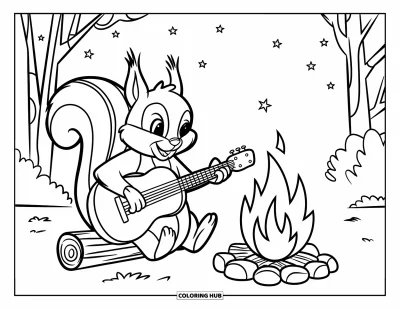 Coloriage Guitare pour enfants : Un écureuil gratte à côté d’un feu de camp sous un ciel étoilé avec des arbres autour