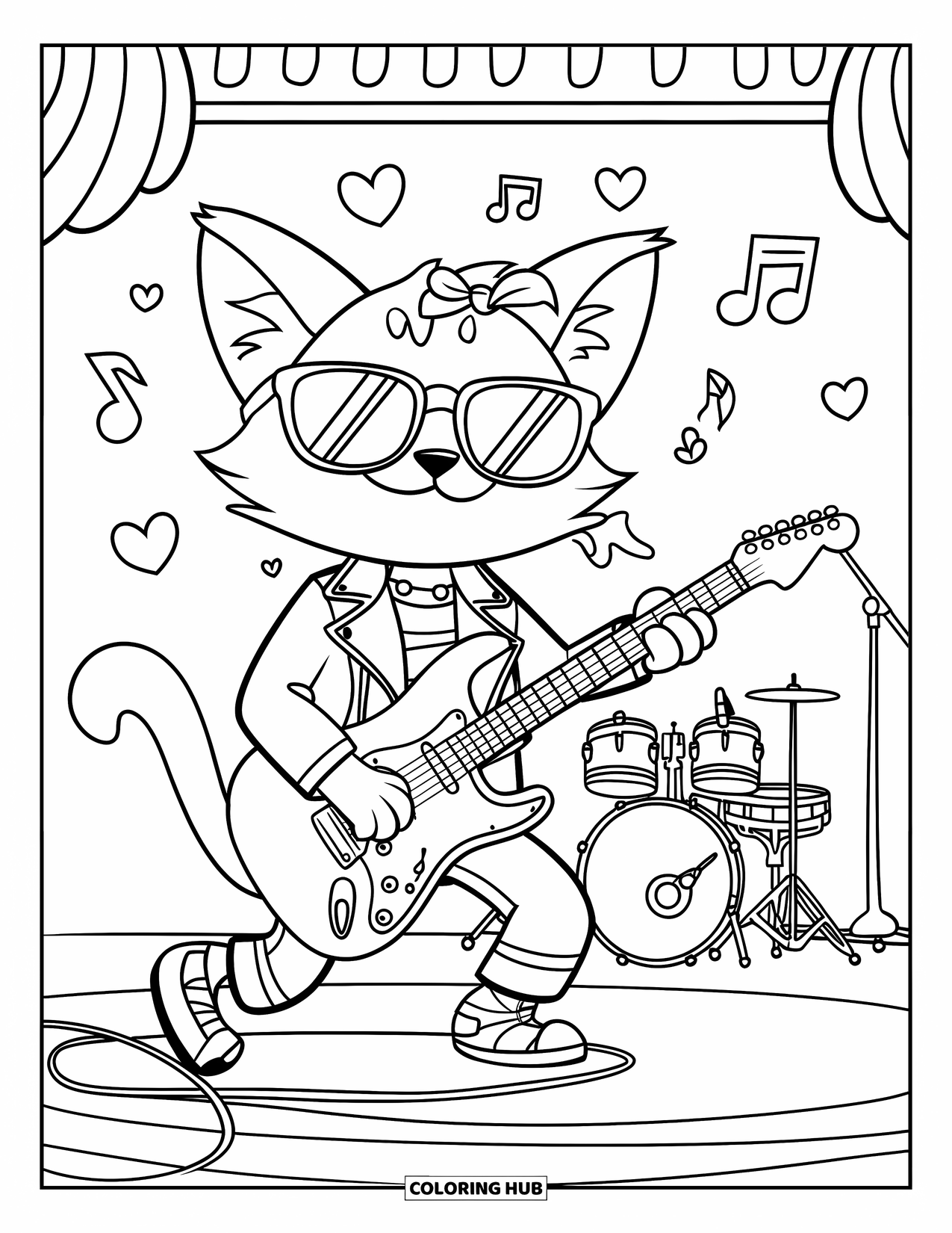 Gitaar Kleurplaat voor Kinderen: Een stijlvolle kat rockt op het podium met hartjes, noten en een drumstel erachter