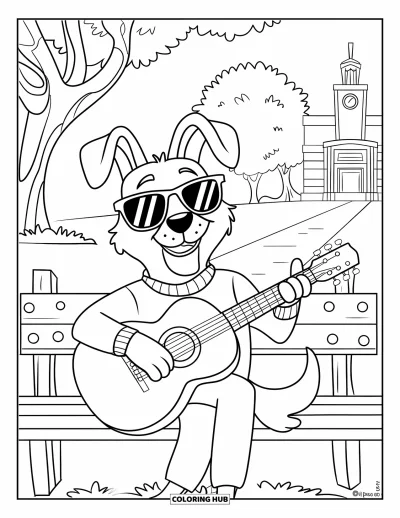 Coloriage Guitare pour enfants : Un chien élégant joue de la guitare dans le parc près des arbres et d’une tour d’horloge