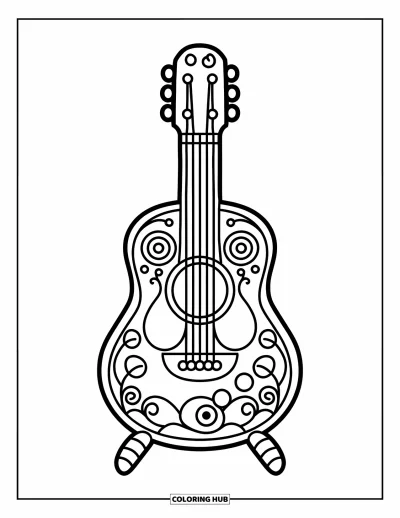 Coloriage Guitare pour enfants : Une guitare tourbillonnante avec un motif floral et un protège-plectre souriant se tient sur un support