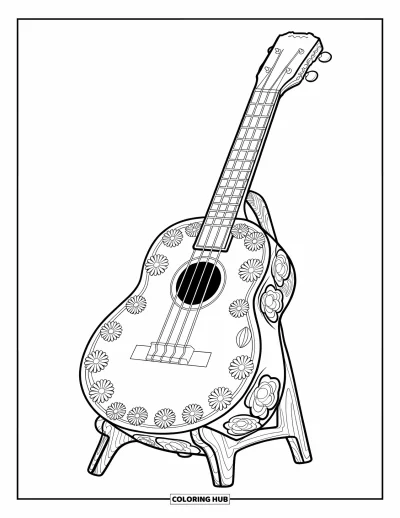 Coloriage Guitare pour enfants : Un ukulélé avec des sculptures florales se tient sur un fond blanc avec une ambiance boisée