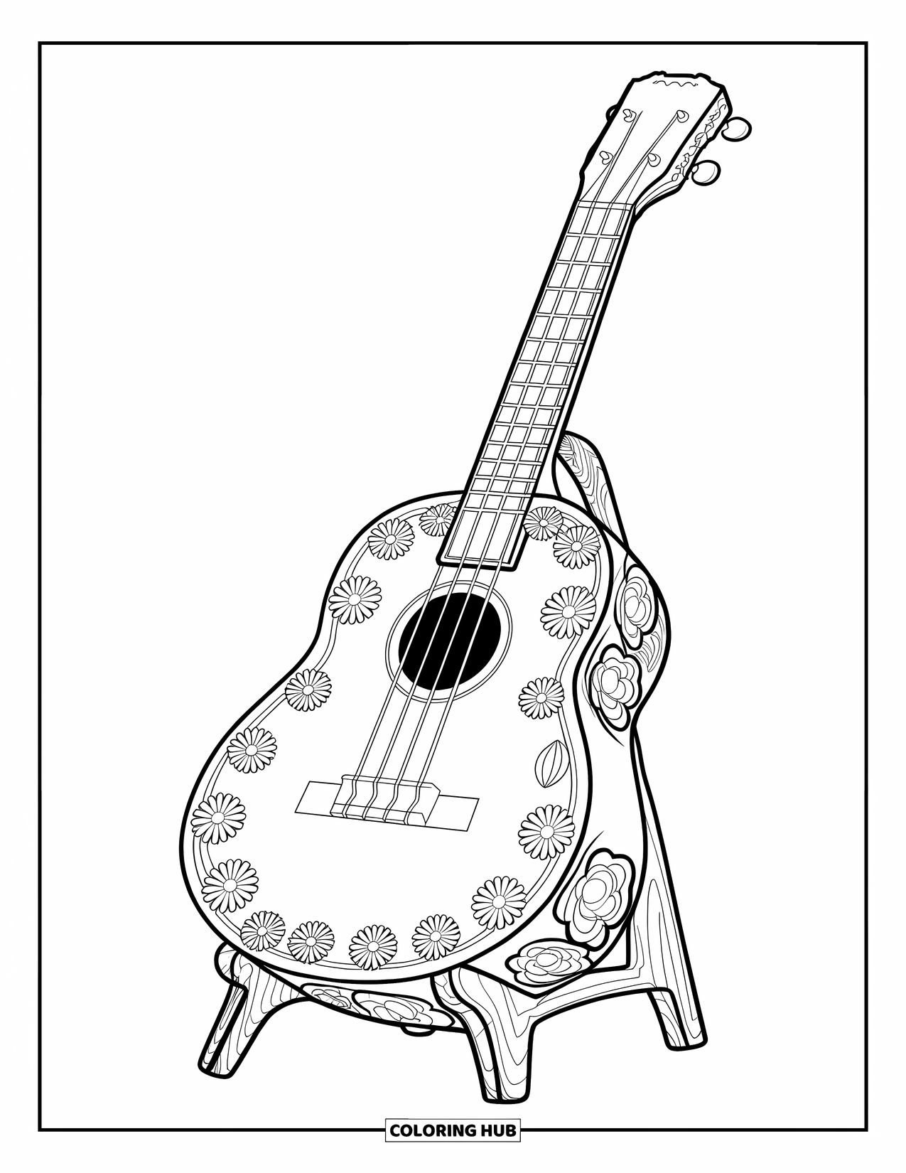 Gitaar Kleurplaat voor Kinderen: Een ukelele met bloemsnijwerk staat op een witte achtergrond met een houten sfeer