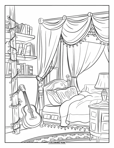 Coloriage Guitare pour enfants : Une chambre chaleureuse a des livres, des guirlandes lumineuses et une guitare appuyée contre le mur