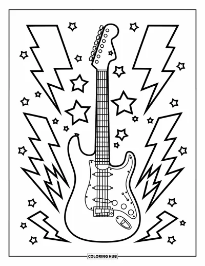 Coloriage Guitare pour enfants : Une guitare électrique se distingue avec des étoiles et des éclairs sur un fond vierge