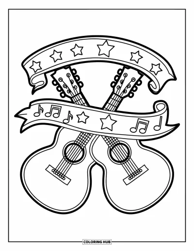 Coloriage Guitare pour enfants : Des guitares croisées sont placées sous une bannière remplie d’étoiles et d’icônes musicales
