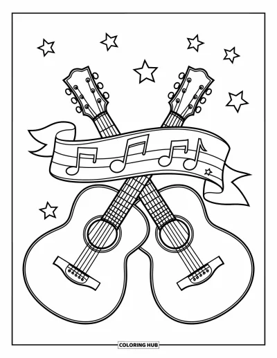 Coloriage Guitare pour enfants : Des guitares détaillées se croisent au-dessus d’une bannière étoilée avec des cordes épaisses et des frettes visibles