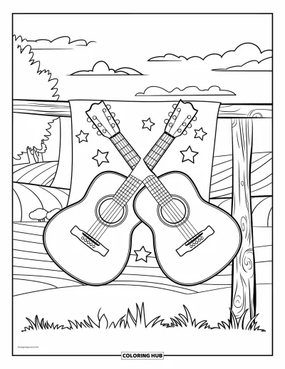Coloriage Guitare pour enfants : Deux guitares se croisent au-dessus d’une bannière placée sur un poteau en bois dans un paysage paisible
