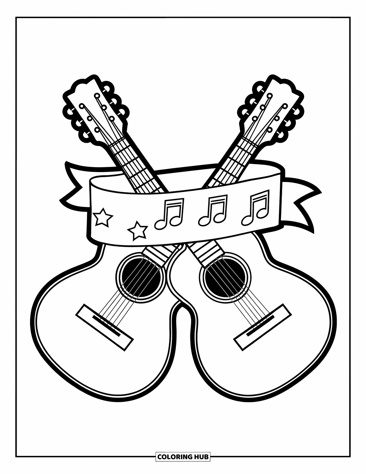 Gitaar Kleurplaat voor Kinderen: Twee gitaren kruisen elkaar boven een banner met sterren en muzieksymbolen