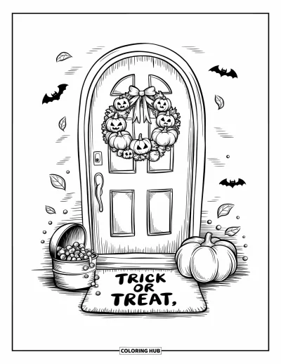 어른을 위한 할로윈 색칠공부: 호박 화환과 작은 박쥐, 장난스러운 "Trick or Treat" 간판으로 꾸며진 매력적인 현관이 보인다