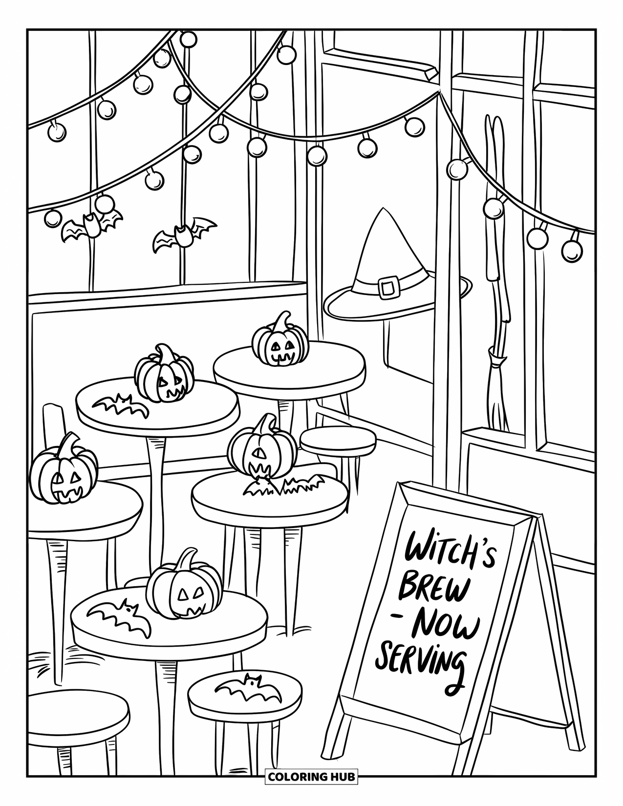 Desenho de Halloween para Colorir para Adultos: Uma cena festiva de café com biscoitos de morcego, bules de abóbora e um ambiente externo aconchegante
