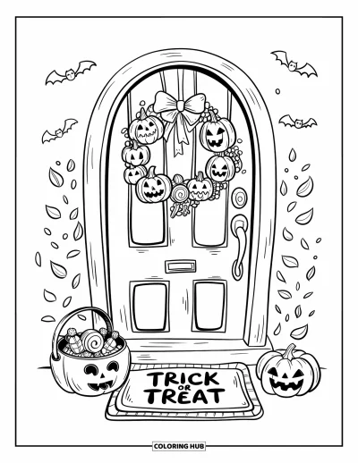 어른을 위한 할로윈 색칠공부: 호박 화환과 "Trick or Treat" 매트, 작은 박쥐로 장식된 축제 분위기의 현관이 보인다