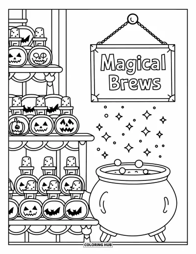 어른을 위한 할로윈 색칠공부: 작은 병들과 보글보글 끓는 가마솥, "Magical Brews" 간판이 있는 마법의 물약 가게가 보인다
