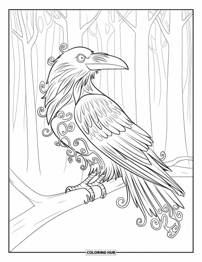 어른을 위한 할로윈 색칠공부: 뒤틀린 나뭇가지에 앉은 까마귀의 깃털이 우아하게 소용돌이치는 덩굴과 어우러져 있다