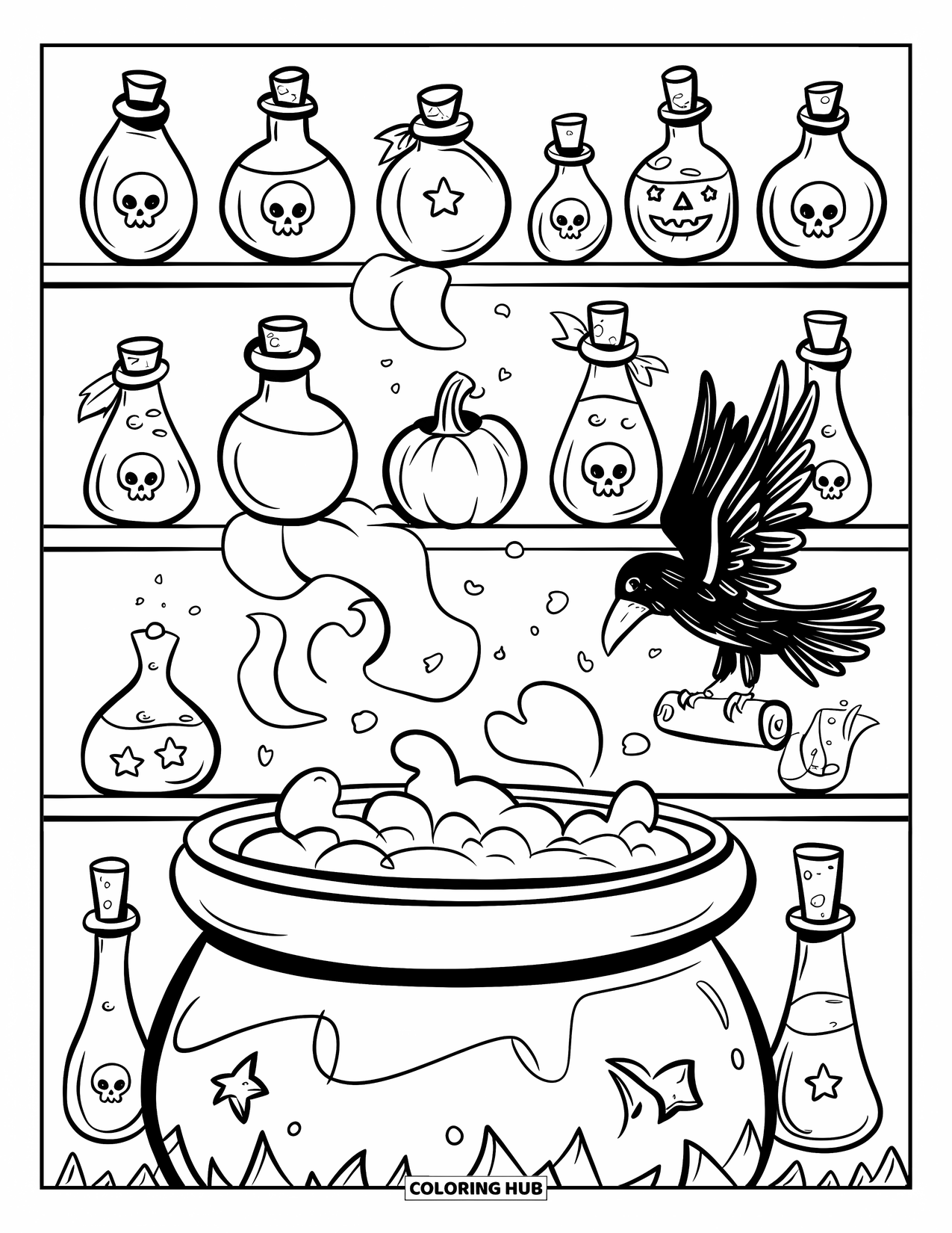 Desenho de Halloween para adultos: Uma pequena bruxa voa em sua vassoura sob a lua, com seu gato preto agarrado atrás