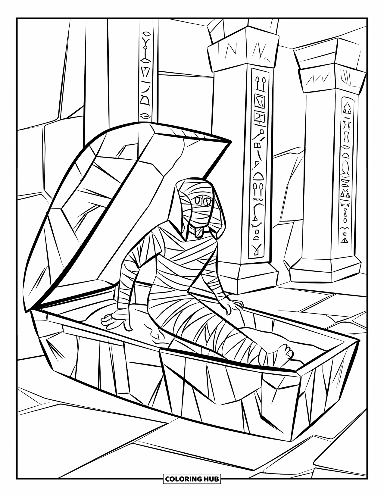 Desenho de Halloween para colorir para crianças: Uma múmia enfaixada emerge de um sarcófago quebrado, hieróglifos cobrindo as paredes de pedra