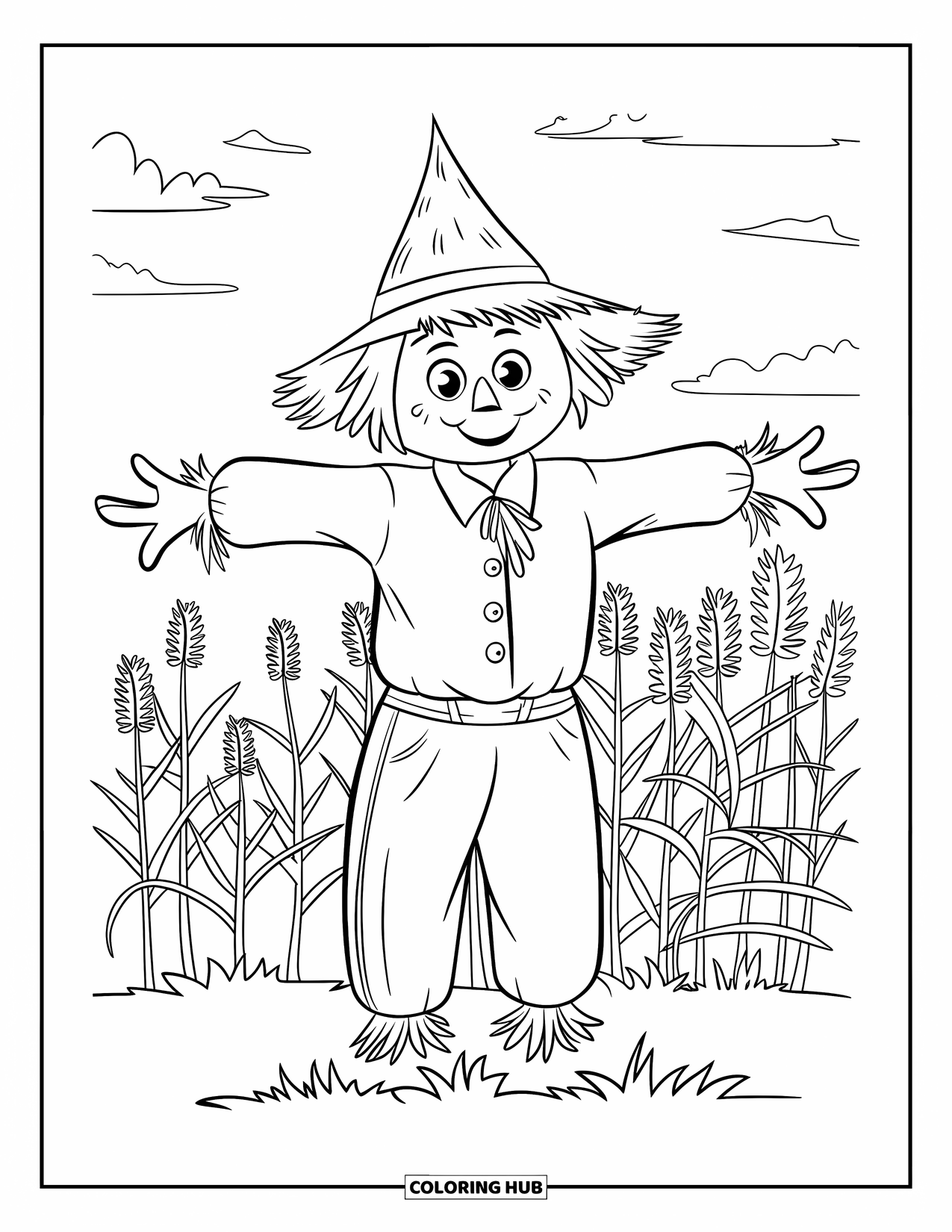 Desenho de Halloween para colorir para crianças: Um espantalho de nariz de botão com um sorriso alegre está entre plantas altas e céus azuis
