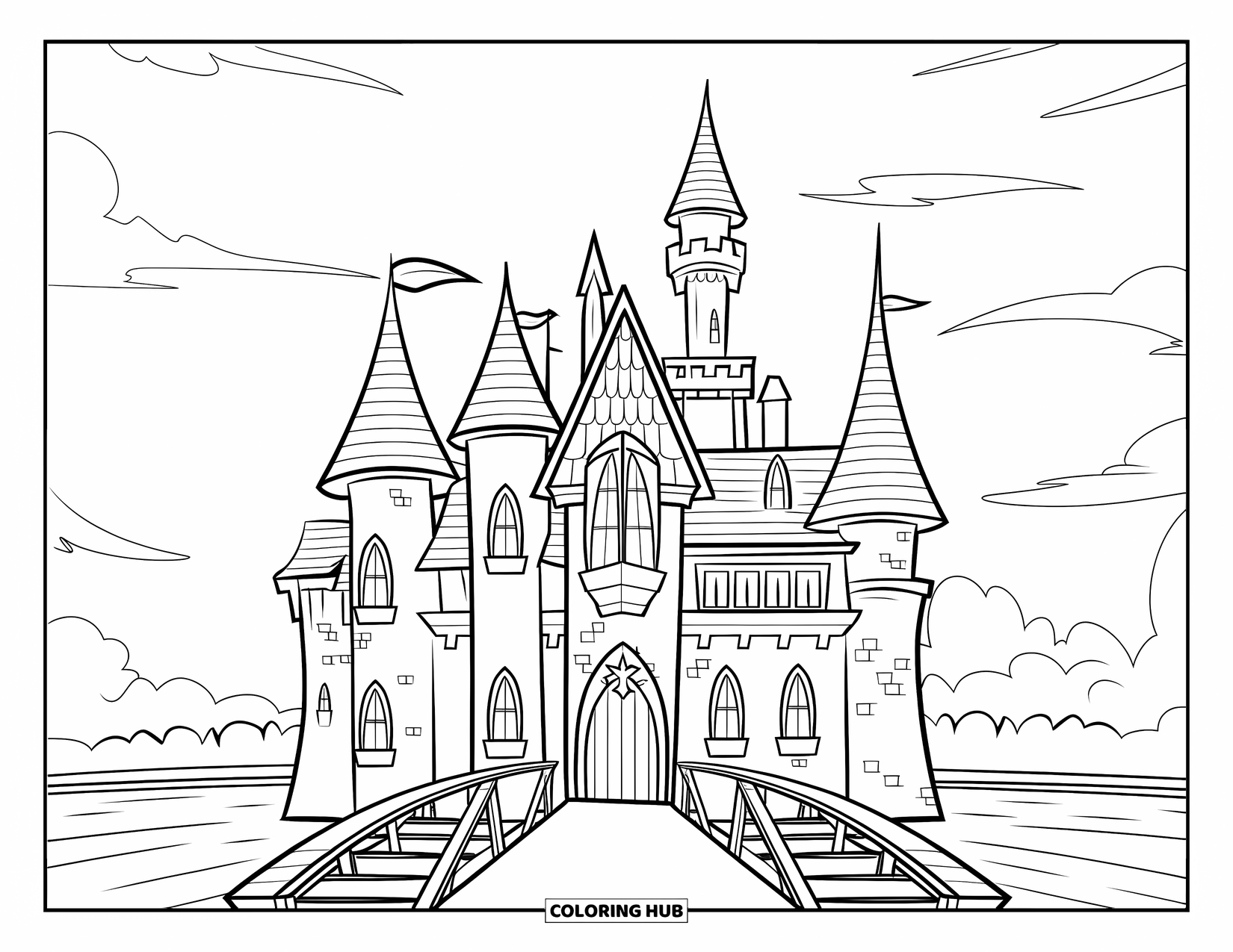 Desenho de Halloween para colorir para crianças: Um castelo com torres imponentes fica ao lado de um fosso calmo sob um céu escurecendo