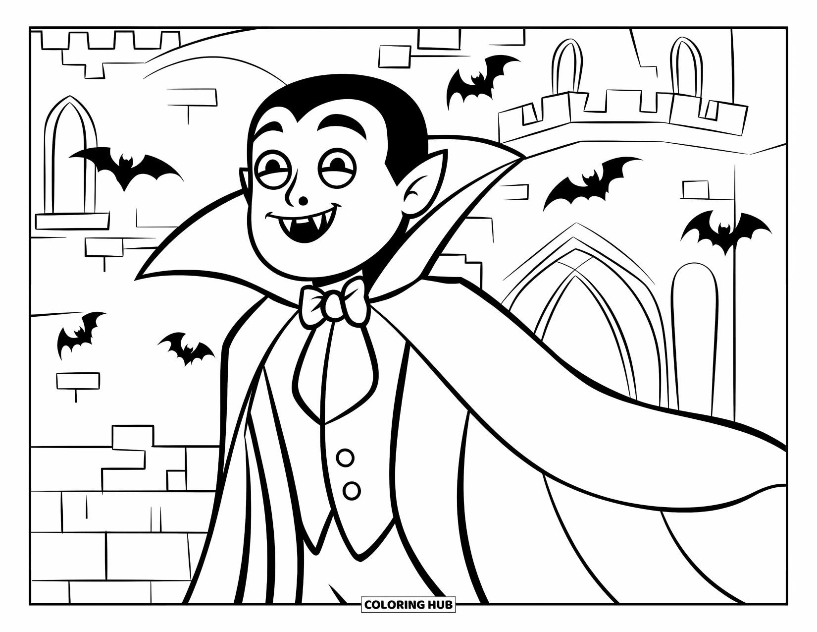 Desenho de Halloween para colorir para crianças: Um vampiro charmoso de smoking sorri, com morcegos voando atrás dele