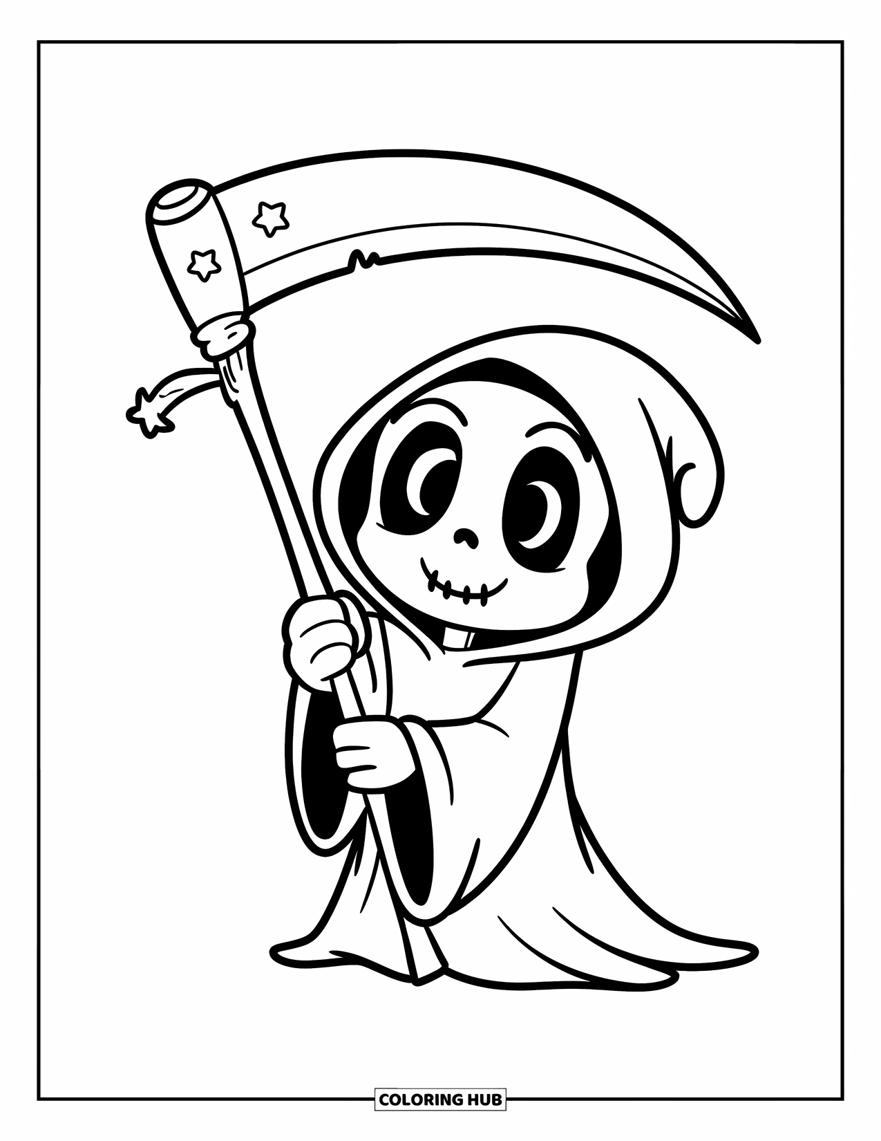 Desenho de Halloween para colorir para crianças: Uma Morte Alegre e sorridente em um manto com capuz carrega uma pequena foice com um brilho
